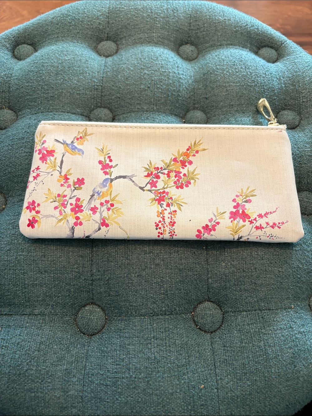Floral Bird Canvas Zip Pouch - Cream with Pink Accents - Picture 2 of 7